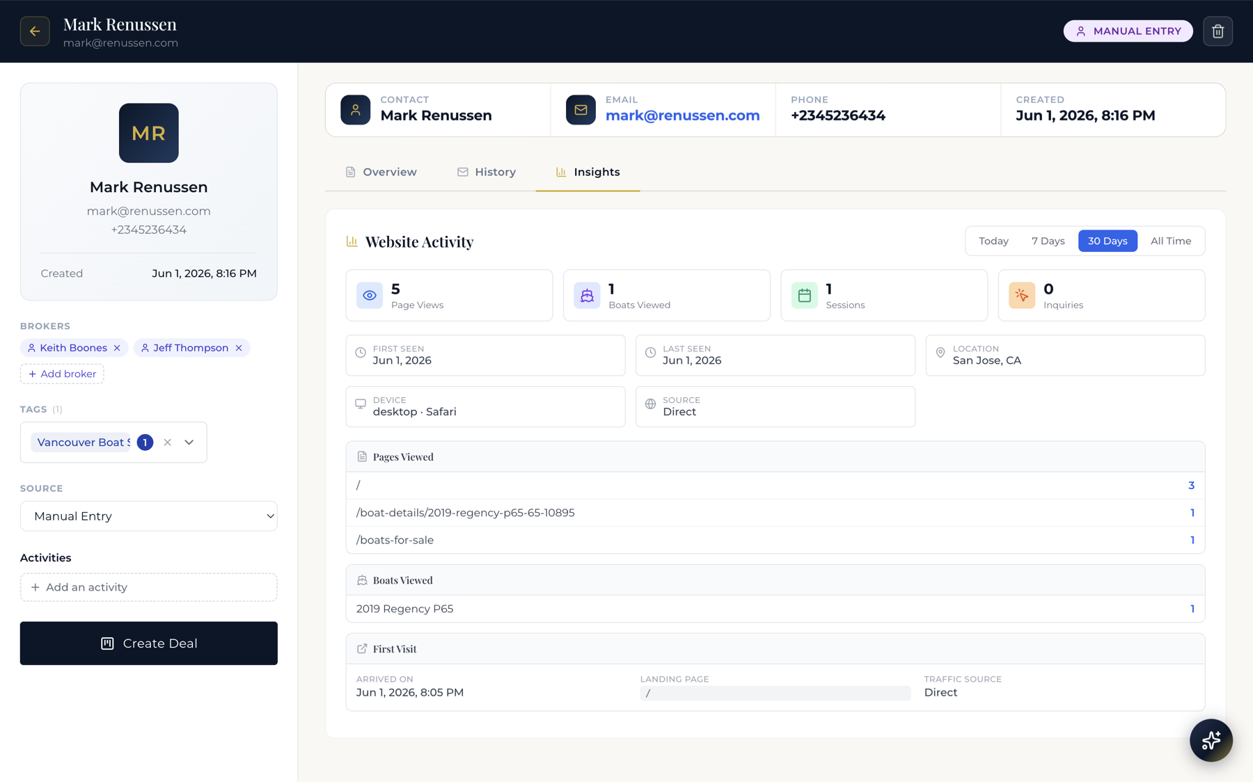 YachtOne CRM contact record