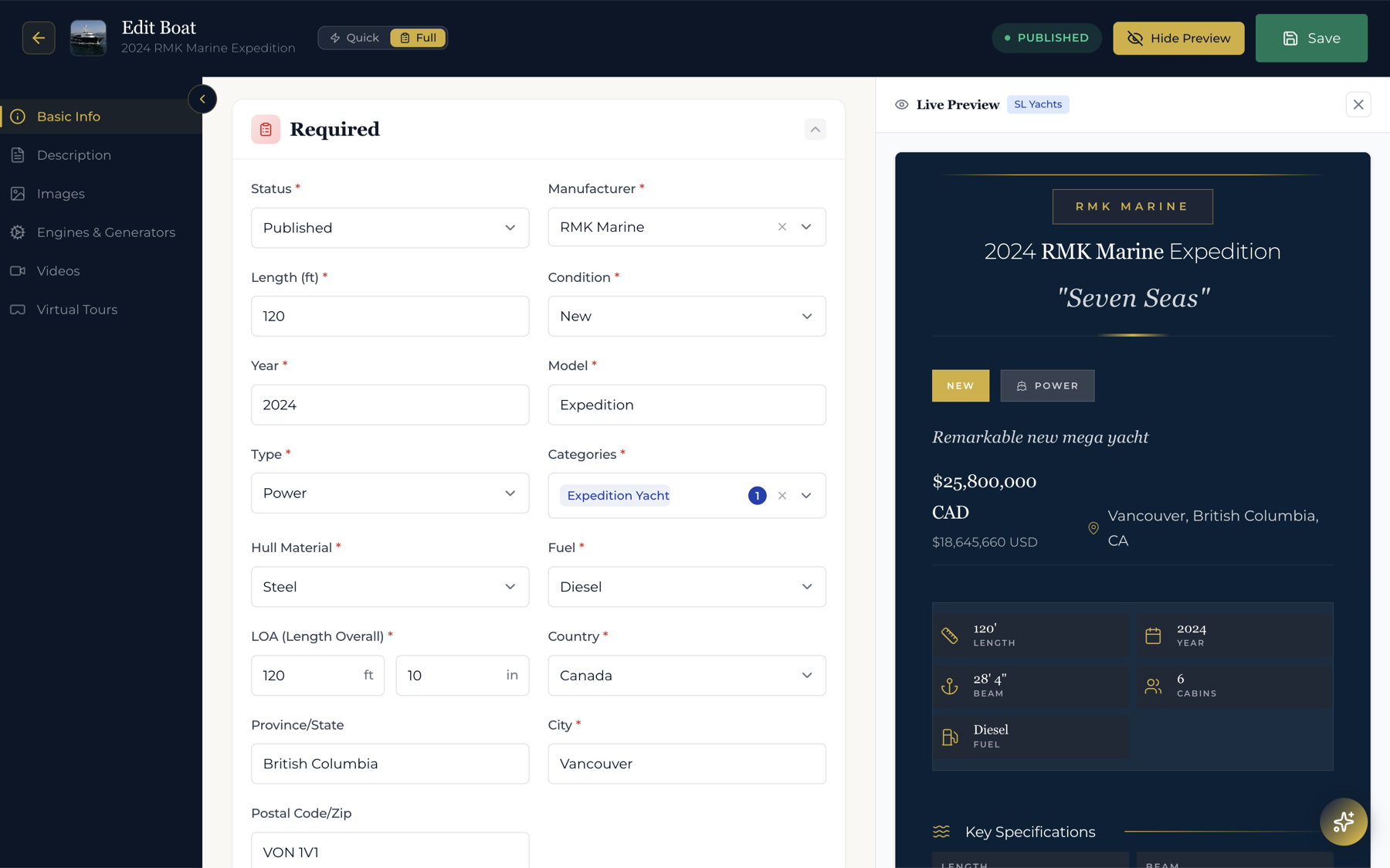 YachtOne CRM inventory list