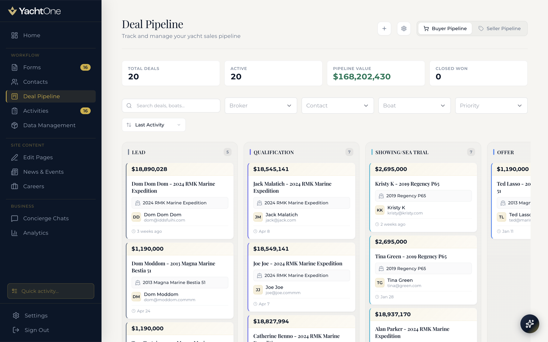 YachtOne CRM deal pipeline