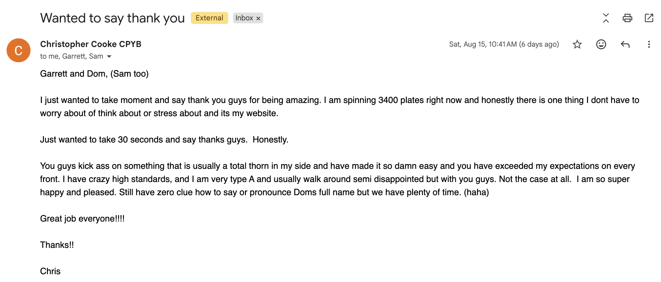 Email from Christopher Cooke of SC Yacht and Ship: his website is the one thing he does not have to worry about