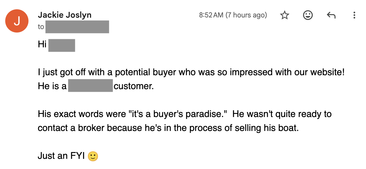 Email from Jackie Joslyn of Brewer Yacht Sales: a potential buyer called the website "a buyer's paradise"