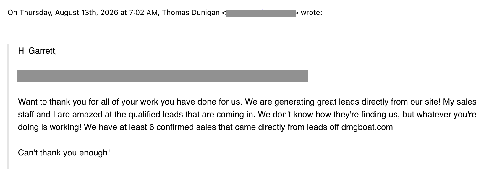 Email from Tom Dunigan of Dunigan Marine Group: at least 6 confirmed sales came directly from leads off dmgboat.com
