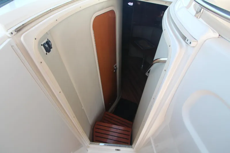 The stairs lead into the interior of the 2008 Chaparral 350 Signature.