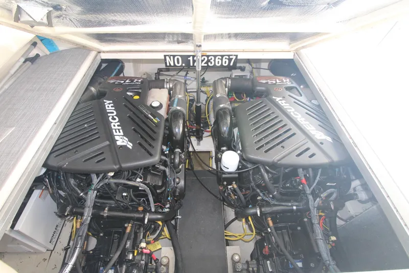 The engine room of a 2008 Chaparral 350 Signature features two Mercury engines.