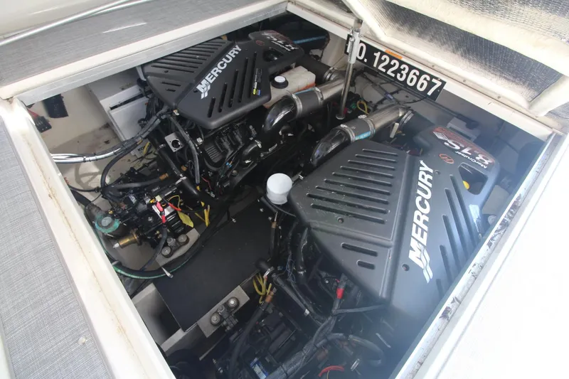 Engine compartment of a 2008 Chaparral 350 Signature with two Mercury engines.