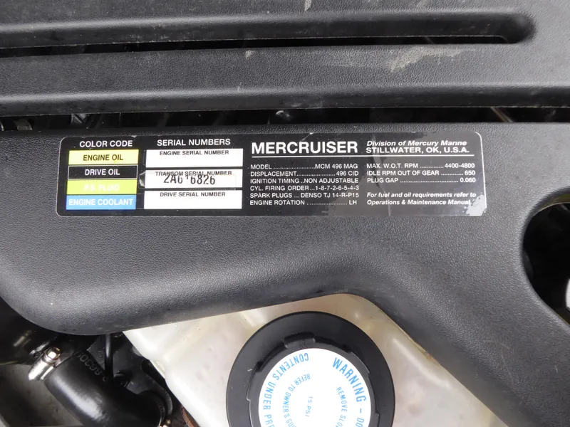 Engine label of a 2004 Chris-Craft Corsair 25 boat, showing MerCruiser details.