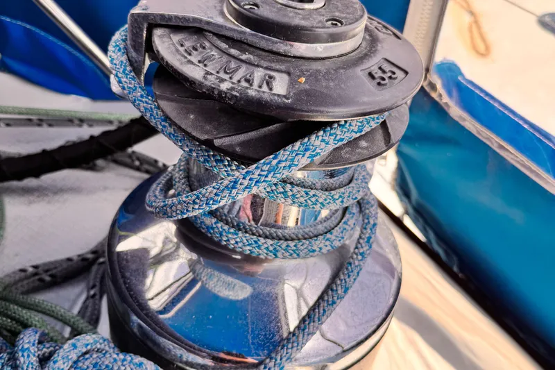 Winch with blue rope on 1982 Kelly Peterson 46 sailboat.