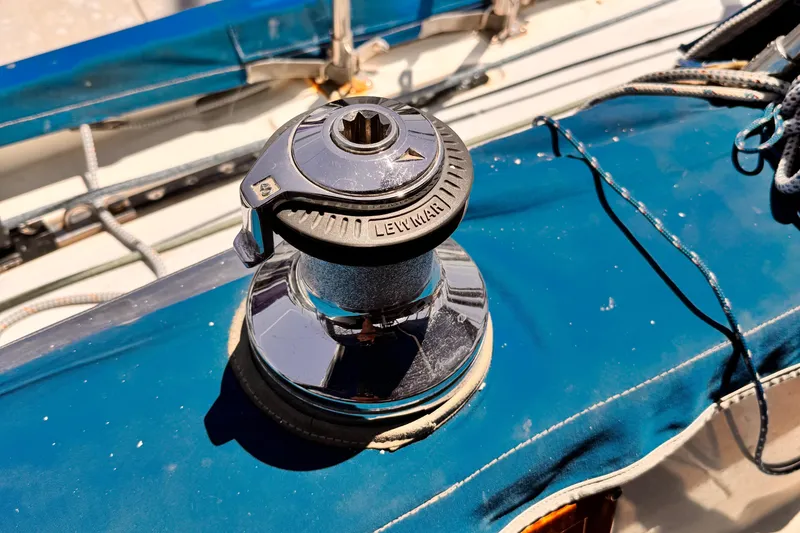 Close-up of a Lewmar winch on a 1982 Kelly Peterson 46 sailboat.