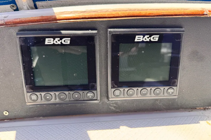 B&G navigation displays on a 1982 Kelly Peterson 46 sailboat dashboard.