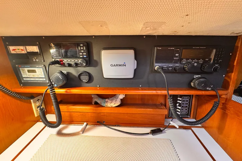 Navigation and communication equipment on a 1982 Kelly Peterson 46 sailboat.