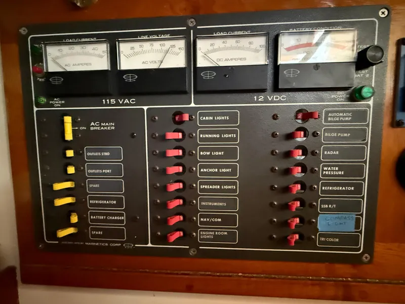 Electrical control panel on a 1932 Historic Fellows & Stewart Yawl, featuring various switches and gauges.