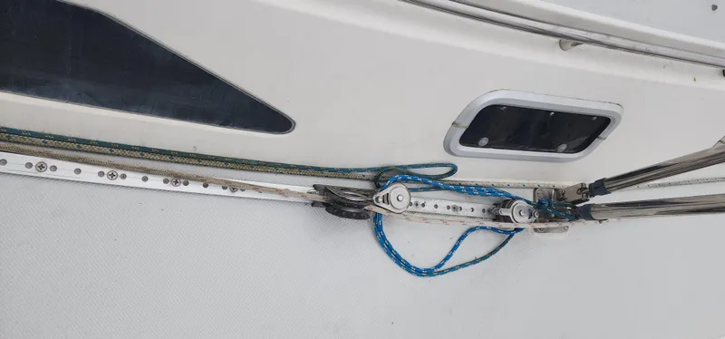 Close-up of Catalina 42 MkII sailboat rigging and deck hardware, 1995 model.