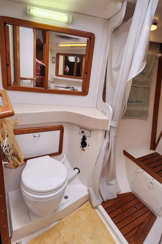 1995 Catalina 42 MkII yacht bathroom with toilet, mirror, and wooden accents.