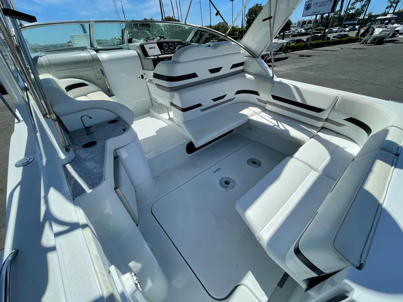 Interior of a 2004 Formula 31 Performance Cruiser with white seating.