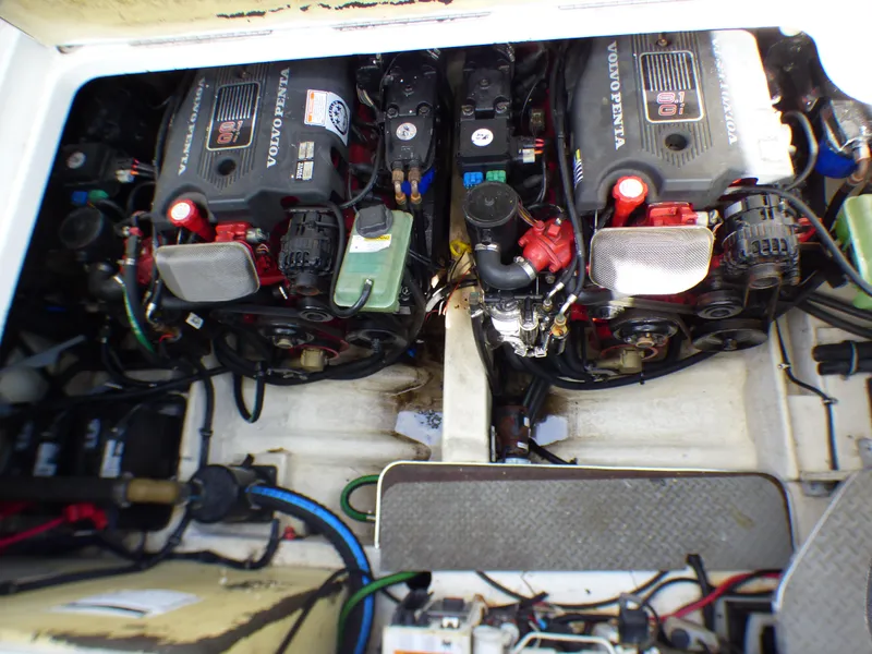 Engine compartment of 2004 Formula 31 Performance Cruiser with Volvo Penta engines.