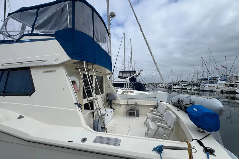 1983 Hatteras 36 Convertible yacht docked in a marina, featuring a spacious deck and blue canopy.