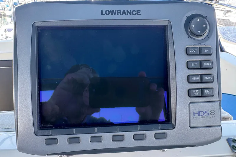 Lowrance HDS-8 marine GPS system on a 1983 Hatteras 36 Convertible boat.