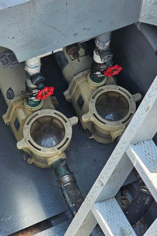 1958 Ditmar & Donaldson Sport Boat engine compartment with dual water pumps.