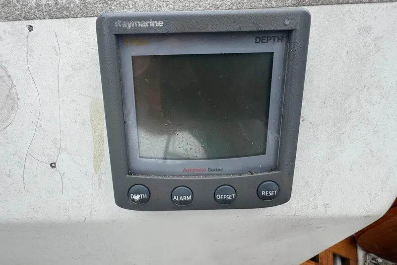 Raymarine depth gauge on 1985 Beneteau First 38 sailboat dashboard.