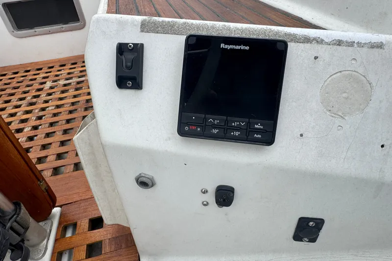 Control panel on 1985 Beneteau First 38 sailboat with Raymarine display.