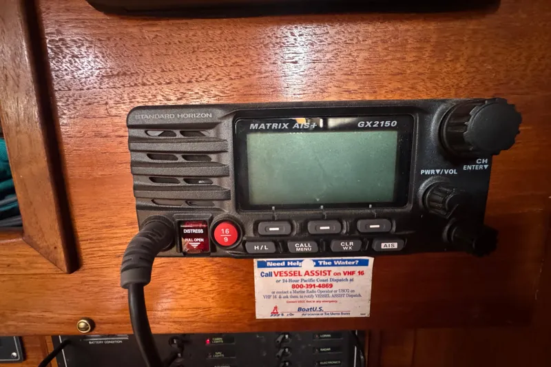 VHF radio on 1985 Beneteau First 38 sailboat, featuring Standard Horizon Matrix AIS+ GX2150.