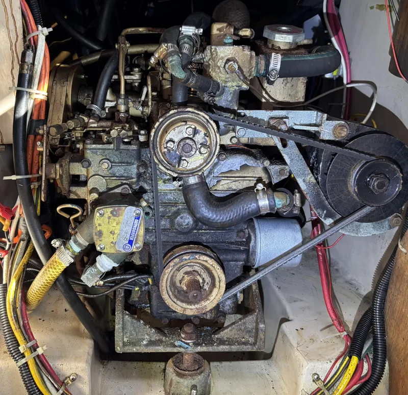 Engine of a 1985 Newport 30 sailboat with visible belts and hoses.