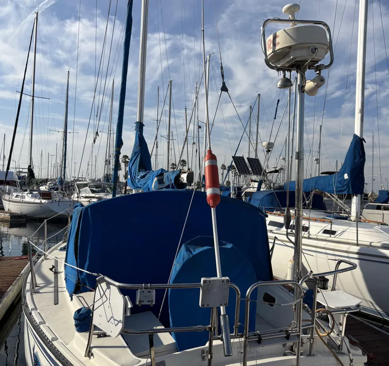 Sailboat Newport 30, 1985 model, docked in marina with blue covers and clear sky.