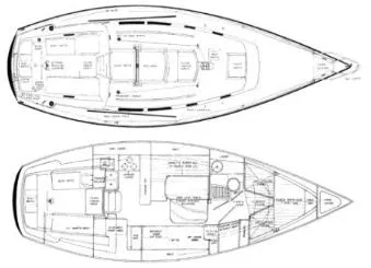 Blueprint of 1985 Newport 30 sailboat, showcasing interior and deck layout.