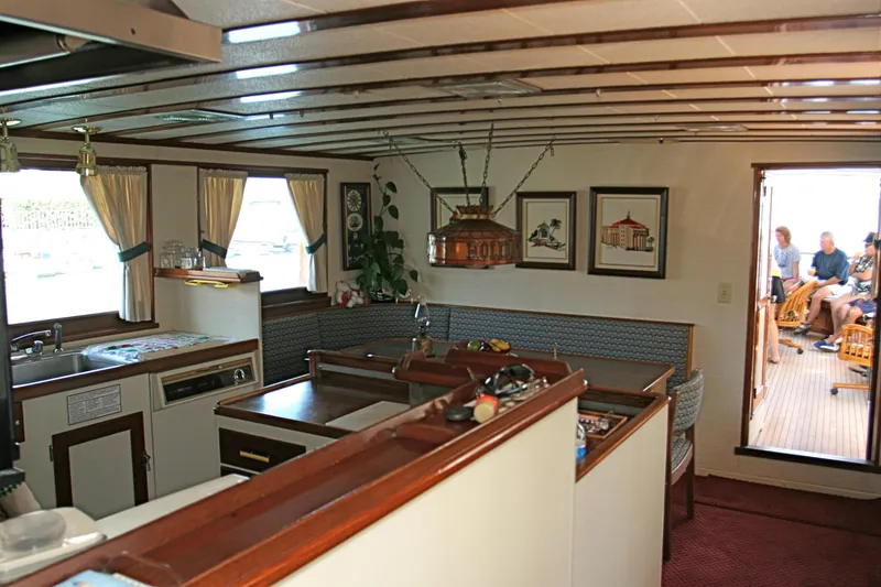 Interior of a classic yacht with wood accents, built in 1946.