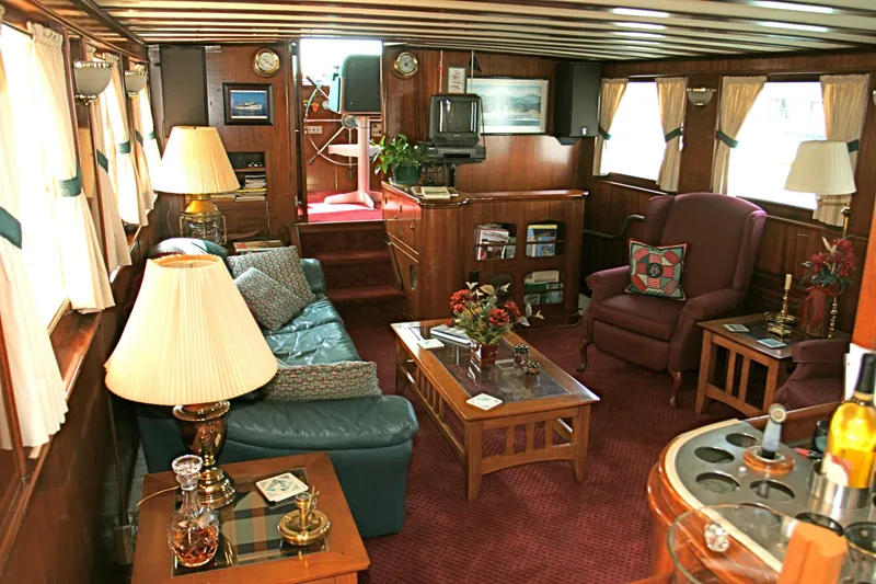 Interior of a classic yacht with cozy furnishings, built in 1946.
