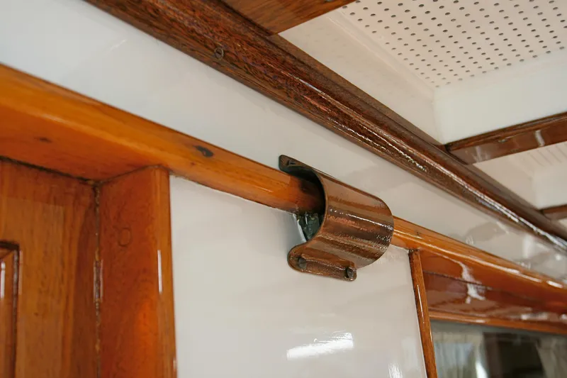 Detail of wooden railing on a 1946 classic yacht.