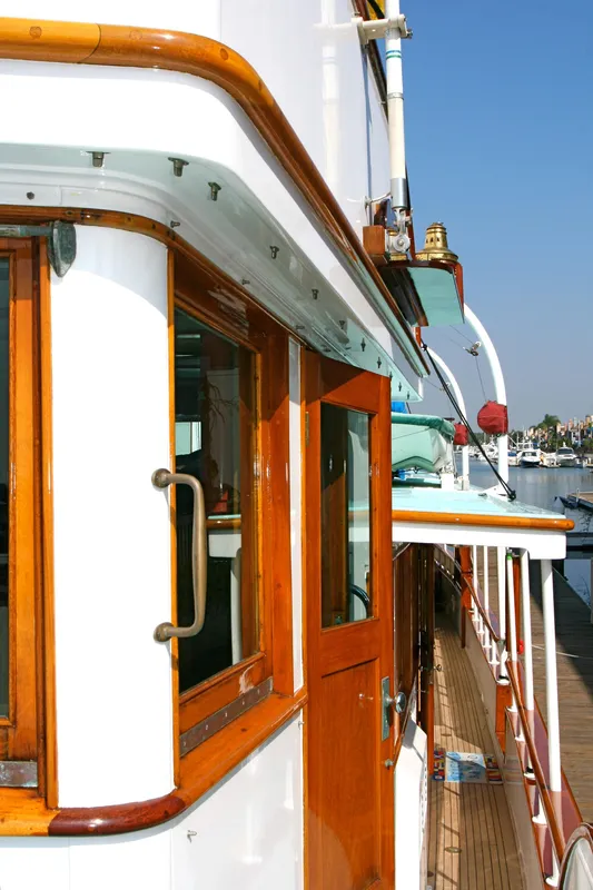 1946 classic yacht with wooden details on deck.