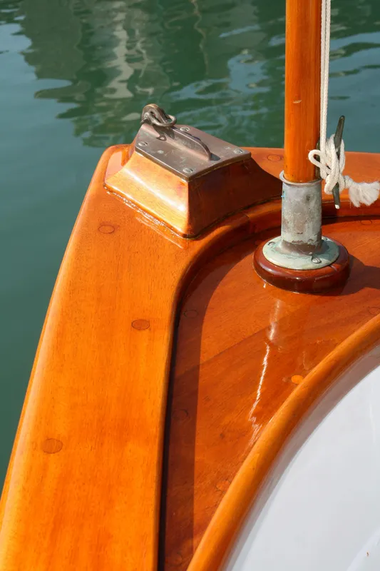 Close-up of a 1946 wooden classic yacht detail.