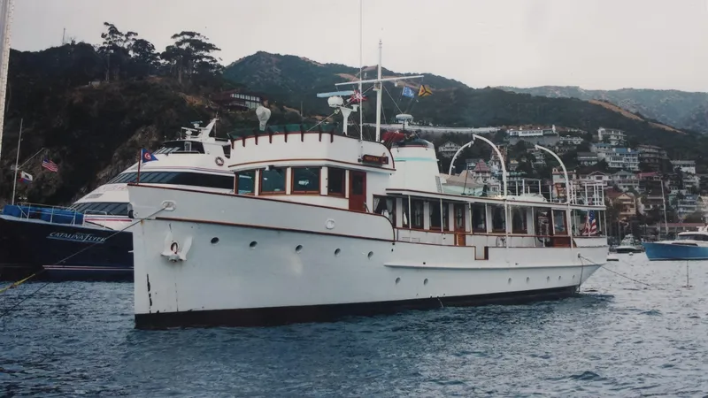 Classic 1946 J.M. Martinac Fantail Motor Yacht on the water.