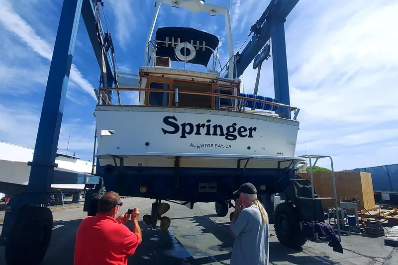 1979 Californian LRC Sedan Bridge boat named "Springer" in dry dock for maintenance.