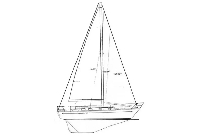 Line drawing of a 1977 Custom Bodega 30 sailboat, side view.