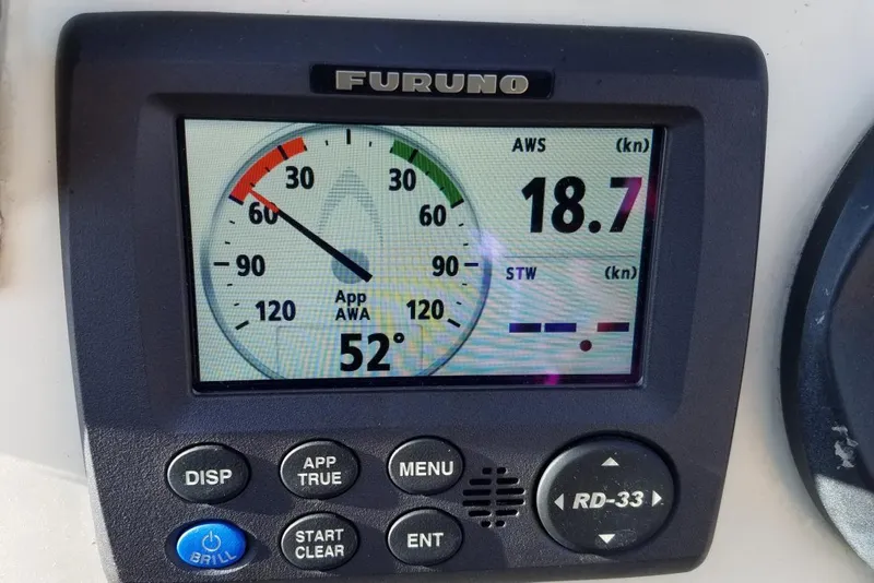 Furuno marine display showing wind angle and speed on Custom Bodega 30, 1977 model.