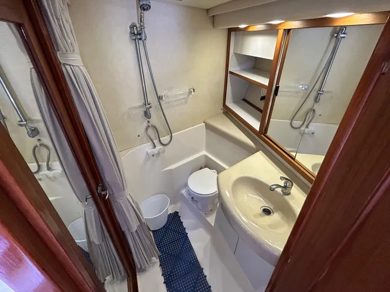 1994 Bayliner 4587 Motoryacht bathroom with shower, sink, and mirror cabinet.