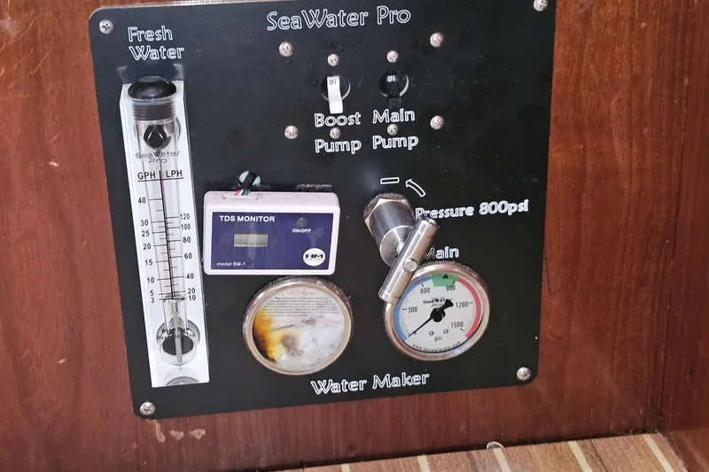 Control panel of a SeaWater Pro water maker on a 1996 Beneteau Oceanis 440 yacht.