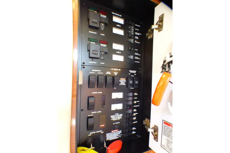 Electrical control panel on a 2002 Sea Ray 340 Sundancer boat.