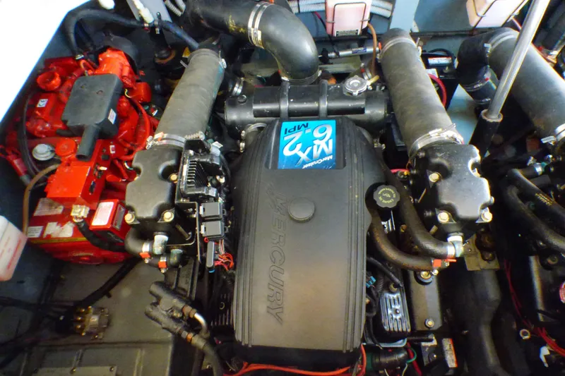 Engine compartment of a 2002 Sea Ray 340 Sundancer with Mercury MX 6.2 MPI engine.