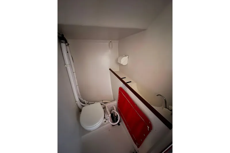 Compact bathroom in 1999 Laurie Davidson TP-52 yacht, featuring toilet and sink.
