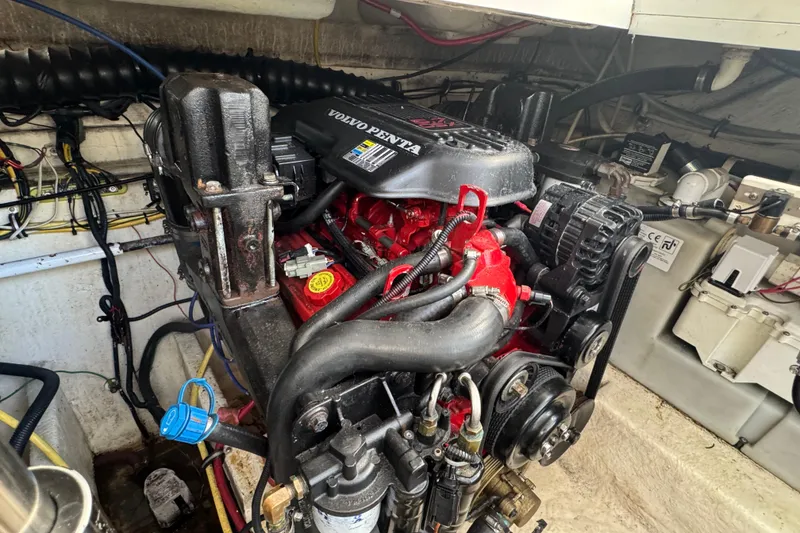 Engine compartment of a 2006 Chaparral Signature 350 with Volvo Penta engine.
