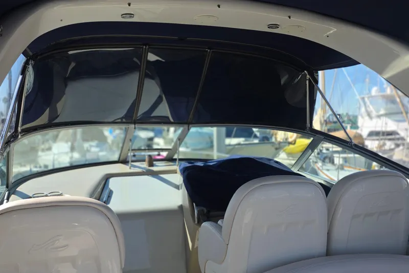 Interior view of a 2005 Sea Ray 340 Sundancer yacht with covered seating.