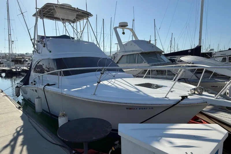 1998 Luhrs Tournament 320 Convertible boat docked at a marina, sunny day.