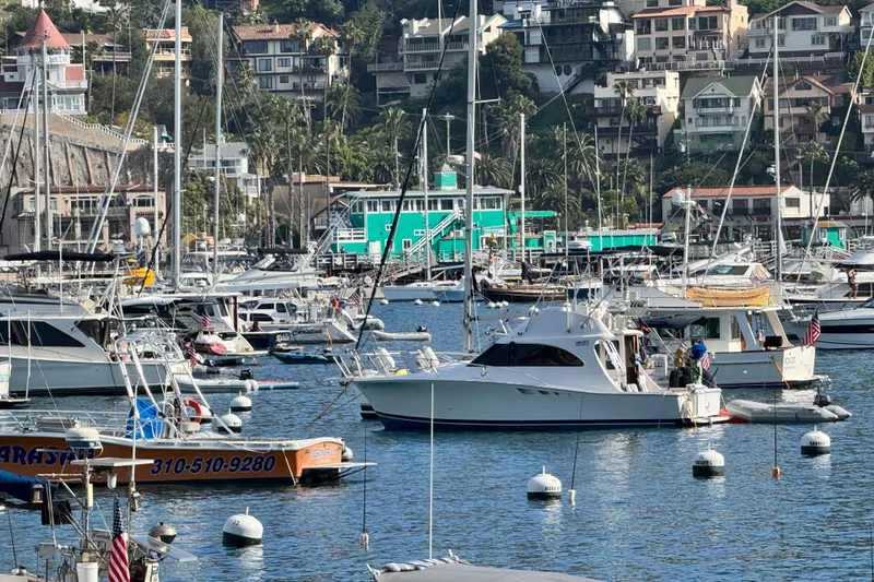 Marina with 1998 Luhrs Tournament 320 Convertible boat, surrounded by other vessels and coastal houses.