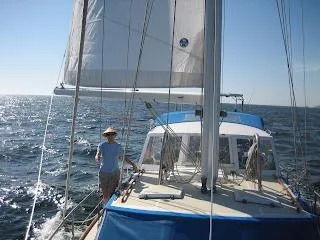 Sailing on a 1973 CAL 246 boat under clear skies on open water.