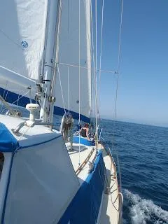 1973 CAL 246 sailboat navigating open sea under clear blue sky.