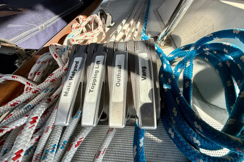 Sailing ropes and clutches on a 1988 Beneteau Oceanis 390 yacht deck.