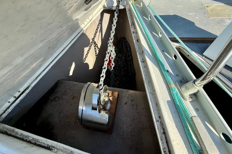 Anchor chain locker on a 1988 Beneteau Oceanis 390 sailboat.